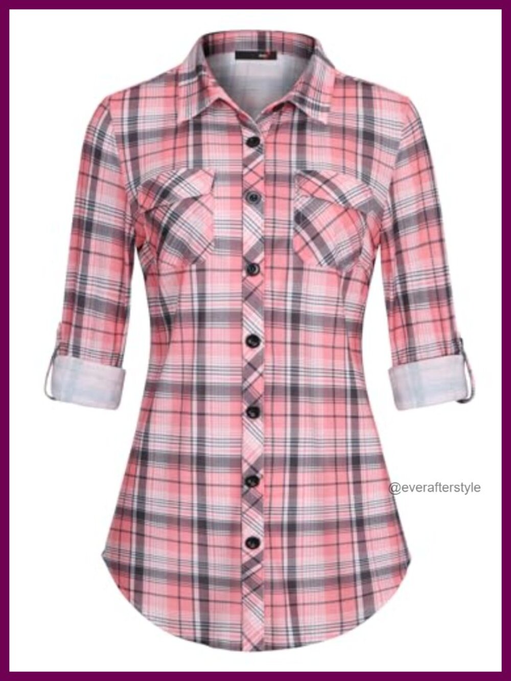 Womens Soft Stretchy Knit Plaid Button Down Shirt Roll Up Sleeve